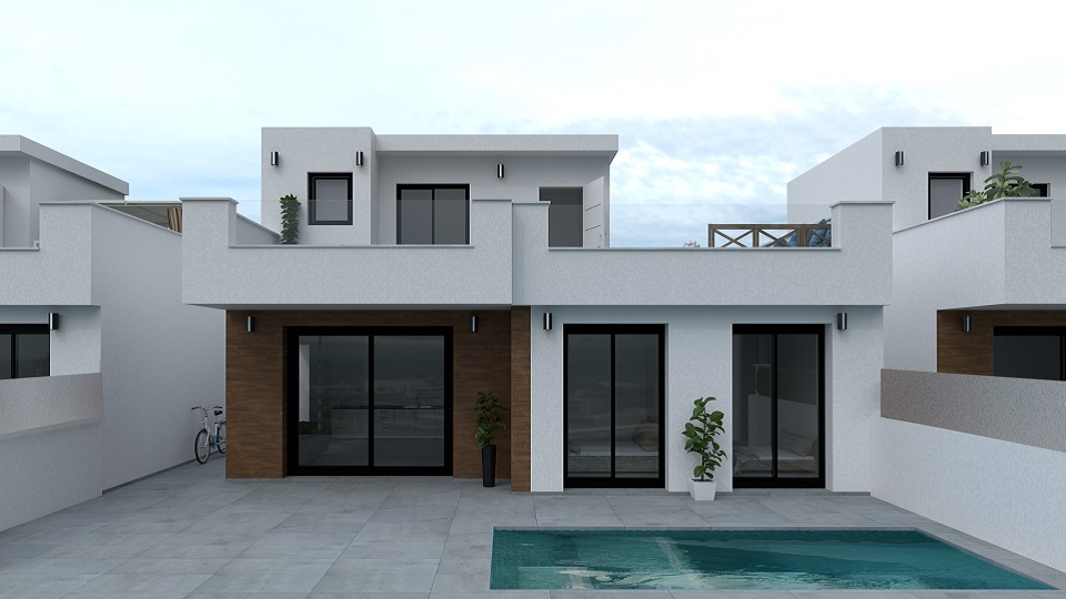 San Pedro del Pinatar, Murcia, new build detached villa with private pool, 3 bedrooms, 3 bathrooms, and rooftop solarium for sale